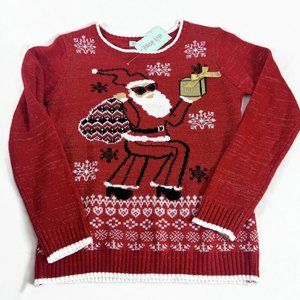 Holiday HYpe Christmas Sweater Womens Medium Santa with Sunglasses Modern NWT